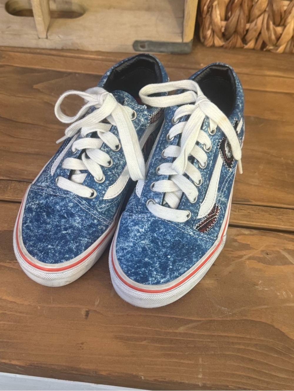 Vans Kids Blue Acid-Wash Canvas Lace-Up Sneakers with White Stripe. Cobra Kai